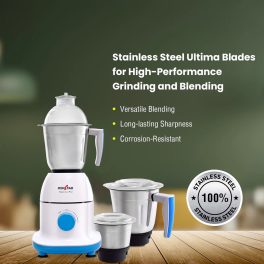 Kenstar 750 Watt 3 Stainless Steel Jars, Power Plus Turbo Mixer Grinder, Shock Proof ABS Body, White-Blue, MAXXO PRO