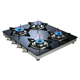 Elica-DT Series 4 Burner Manual Ignition Gas Stove, Double Drip Tray, Toughened Glass Top, High Efficiency Brass Burners, 7 Yr Glass Warranty, Black, SAPPHIRE 594 CT VETRO 1J