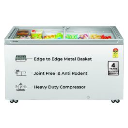 Haier 575-litre, 5-Star Glass Top Double-Door Commercial Deep Freezer, Single Mould Door & Frame, Anti-Rodent Body & Wire, Integrated Lock with metal Liner inside and 70mm Puff Thickness, White, HFC-575GM5