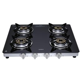 Elica-DT Series 4 Burner Manual Ignition Gas Stove, Double Drip Tray, Toughened Glass Top, High Efficiency Brass Burners, 7 Yr Glass Warranty, Black, SAPPHIRE 594 CT VETRO 1J