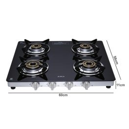 Elica-DT Series 4 Burner Manual Ignition Gas Stove, Double Drip Tray, Toughened Glass Top, High Efficiency Brass Burners, 7 Yr Glass Warranty, Black, SAPPHIRE 594 CT VETRO 1J