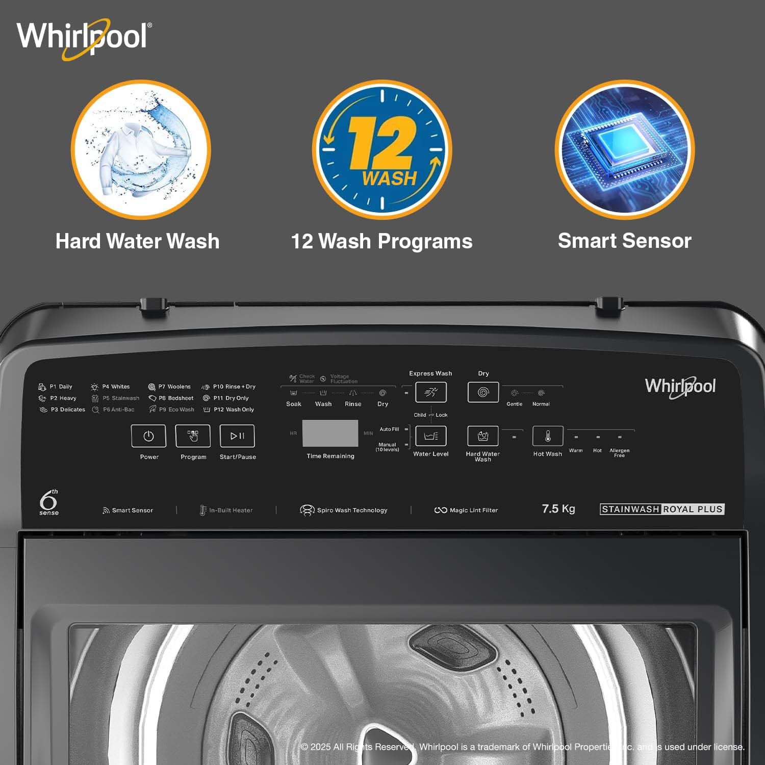Whirlpool 7.5 Kg 5 Star StainWash Royal Plus Fully Automatic Top Load Washing Machine with In-Built Heater, Grey, STAIN WASH PRO HS Whirlpool 7.5 Kg 5 Star StainWash Royal Plus Fully Automatic Top Load Washing Machine with In-Built Heater, Grey, STAIN WASH PRO HS