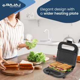 Bajaj  800-Watt 2-Slice Sandwich Griller, Non-Stick Coated Plates for Easy-to-Clean, Upright Compact Storage, Buckle Clips Lock, 2 Years Warranty, Black, SWX6