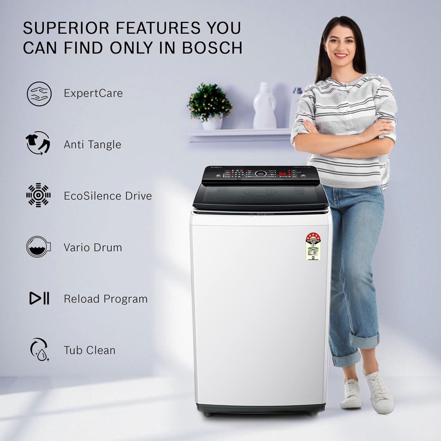 Bosch 7 kg 5 Star Fully-Automatic Top Loading Washing Machine, Expert Care, Vario Drum Technology and Anti-Tangle Program, White, WOE701W0IN Bosch 7 kg 5 Star Fully-Automatic Top Loading Washing Machine, Expert Care, Vario Drum Technology and Anti-Tangle Program, White, WOE701W0IN