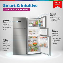 Bosch MaxFlex Convert 332L 3 Star Frost Free Triple Door Inverter Refrigerator, 8-in-1 Convertible, UV Protected Body Shield, VitaFresh Technology, Adaptive UI, Shiney Silver, CMC33S03NI