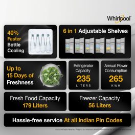 Whirlpool 235 L 2 Star Frost-free Double Door Inverter Refrigerator, Stabilizer free operation, Upto 7 days of dairy freshness, Radiant Steel, NEO DF278 PRM
