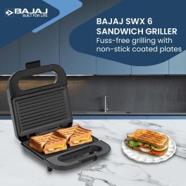 Bajaj  800-Watt 2-Slice Sandwich Griller, Non-Stick Coated Plates for Easy-to-Clean, Upright Compact Storage, Buckle Clips Lock, 2 Years Warranty, Black, SWX6