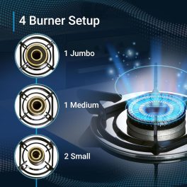 Elica-DT Series 4 Burner Manual Ignition Gas Stove, Double Drip Tray, Toughened Glass Top, High Efficiency Brass Burners, 7 Yr Glass Warranty, Black, SAPPHIRE 594 CT VETRO 1J