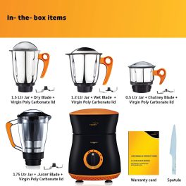 V-Guard 750 Watt, 4 Jars Juicer Mixer Grinder, Universal Copper Motor, Pulse Function & Overload Protection, Black Orange, INSIGINA DX