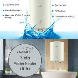 V-Guard 10Ltr, 5-Star Storage Water Heater with glass-lined AC (anti-corrosion) Coating, PUF Insulation & Multifunctional Safety Valve, White, Sieta