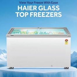 Haier 575-litre, 5-Star Glass Top Double-Door Commercial Deep Freezer, Single Mould Door & Frame, Anti-Rodent Body & Wire, Integrated Lock with metal Liner inside and 70mm Puff Thickness, White, HFC-575GM5