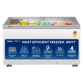 Haier 575-litre, 5-Star Glass Top Double-Door Commercial Deep Freezer, Single Mould Door & Frame, Anti-Rodent Body & Wire, Integrated Lock with metal Liner inside and 70mm Puff Thickness, White, HFC-575GM5