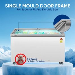 Haier 575-litre, 5-Star Glass Top Double-Door Commercial Deep Freezer, Single Mould Door & Frame, Anti-Rodent Body & Wire, Integrated Lock with metal Liner inside and 70mm Puff Thickness, White, HFC-575GM5