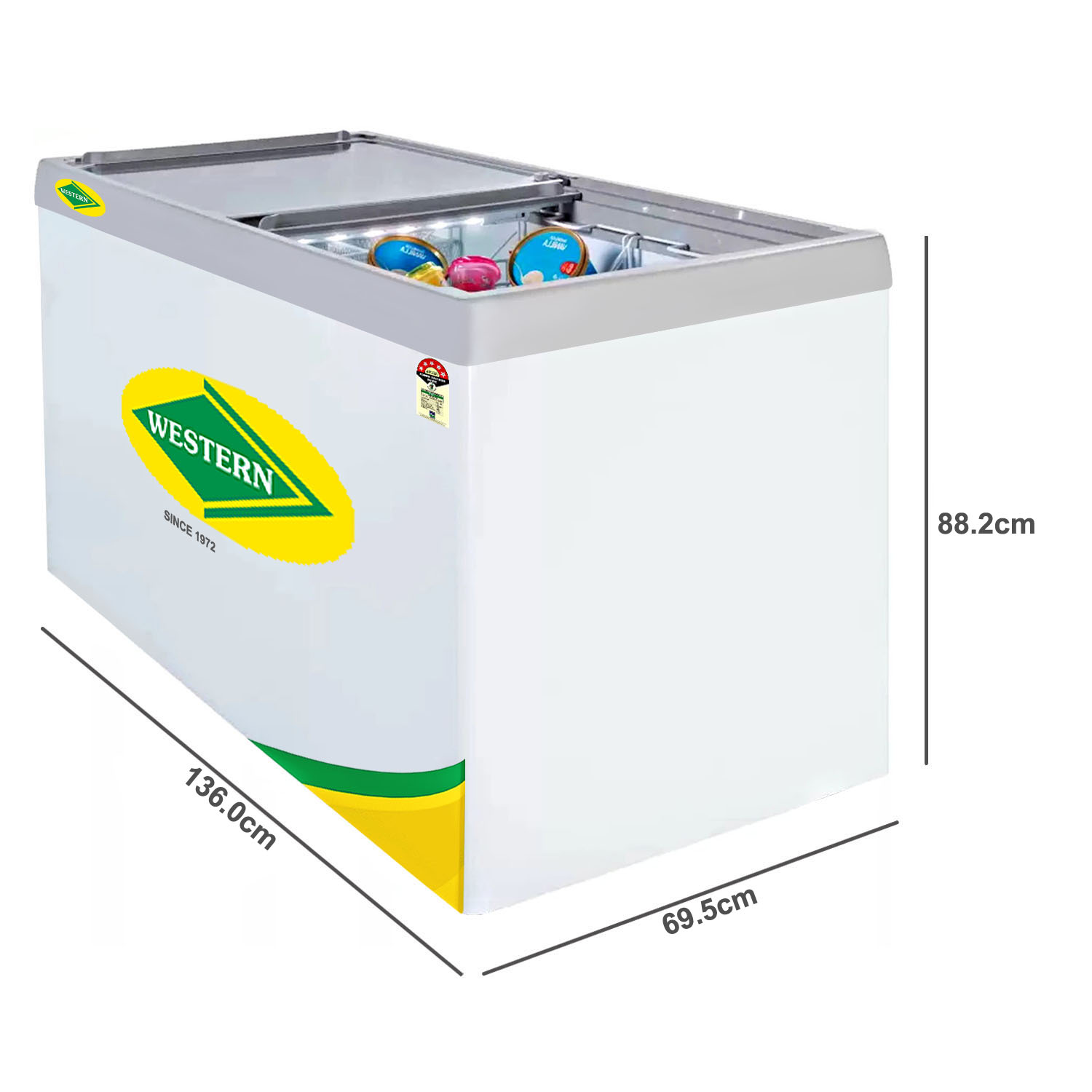 Western 422 Liter 5 Star Glass Top Double Slide Door Chest Deep Freezer, Automatic Defrost System, White, F450-GL Western 422 Liter 5 Star Glass Top Double Slide Door Chest Deep Freezer, Automatic Defrost System, White, F450-GL