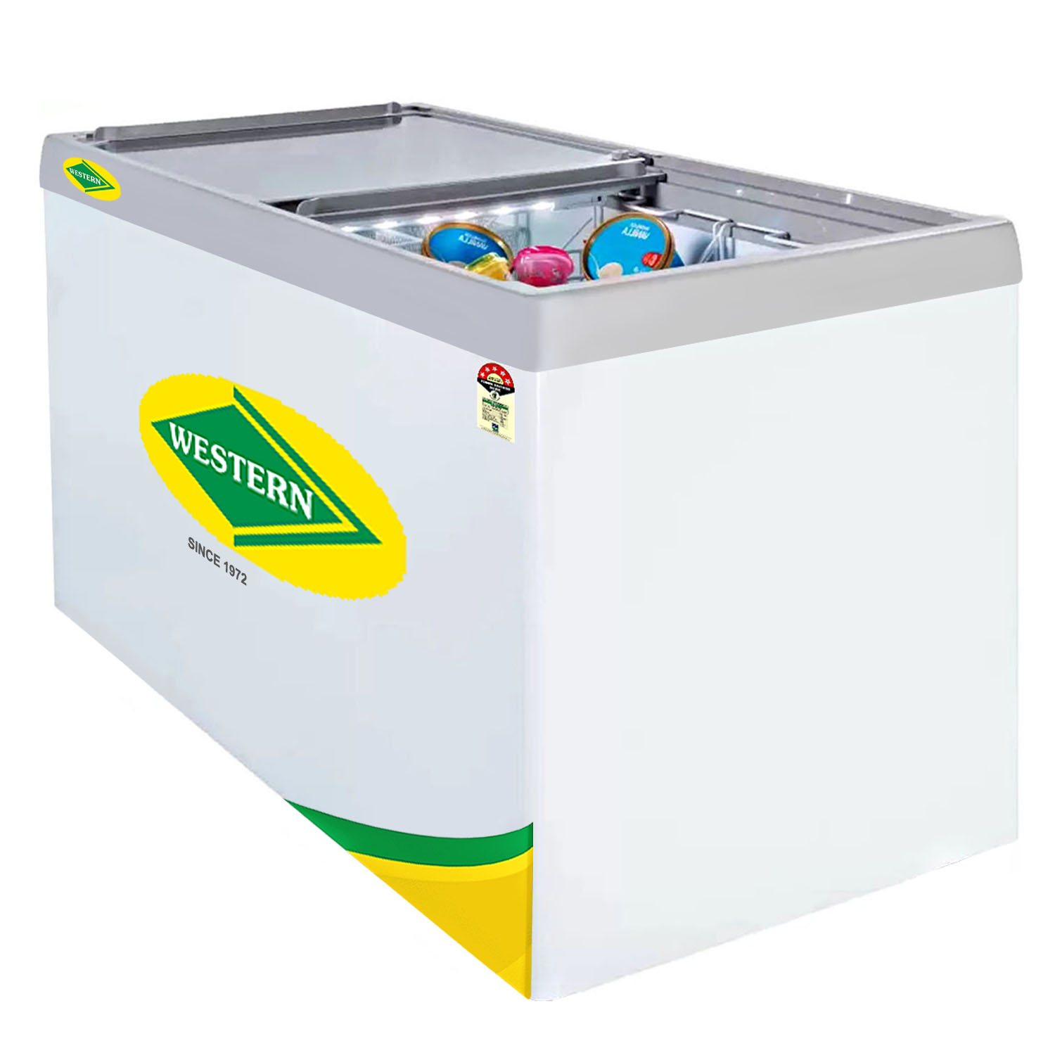 Western 422 Liter 5 Star Glass Top Double Slide Door Chest Deep Freezer, Automatic Defrost System, White, F450-GL Western 422 Liter 5 Star Glass Top Double Slide Door Chest Deep Freezer, Automatic Defrost System, White, F450-GL