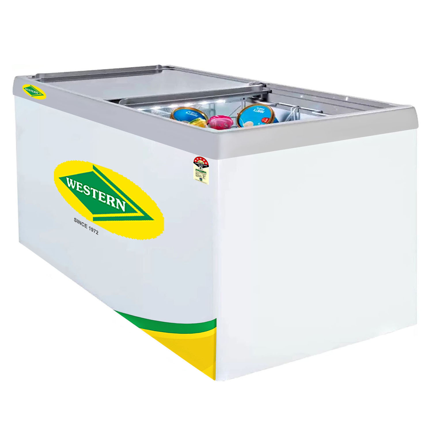 Western 536 Liter 5 Star Glass Top Double Slide Door Chest Deep Freezer, Automatic Defrost System, White, F550-GL Western 536 Liter 5 Star Glass Top Double Slide Door Chest Deep Freezer, Automatic Defrost System, White, F550-GL