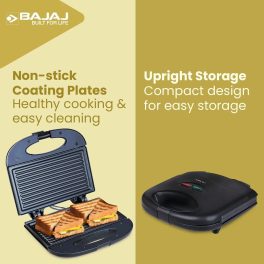 Bajaj  800-Watt 2-Slice Sandwich Griller, Non-Stick Coated Plates for Easy-to-Clean, Upright Compact Storage, Buckle Clips Lock, 2 Years Warranty, Black, SWX6