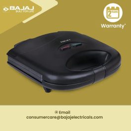 Bajaj  800-Watt 2-Slice Sandwich Griller, Non-Stick Coated Plates for Easy-to-Clean, Upright Compact Storage, Buckle Clips Lock, 2 Years Warranty, Black, SWX6